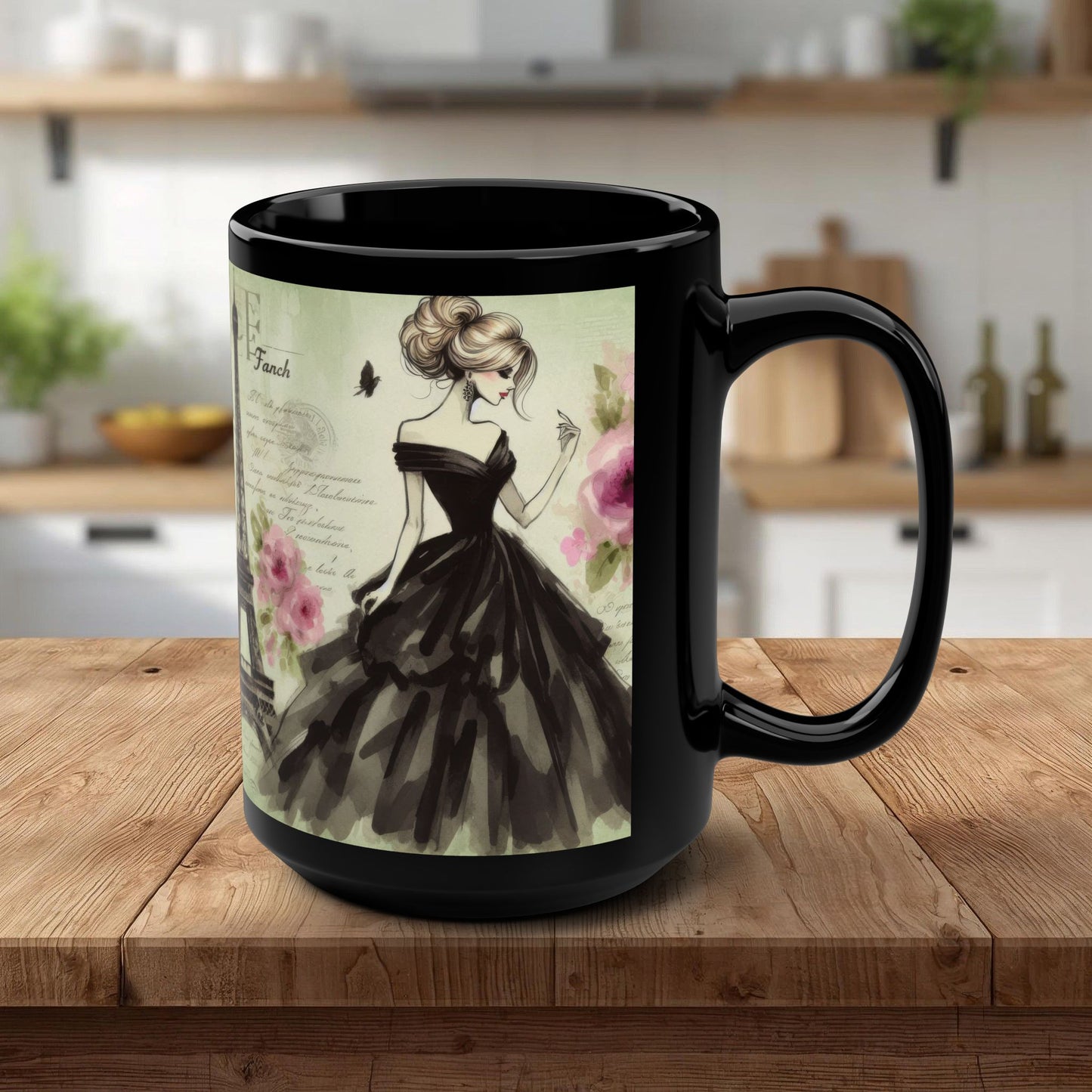 Parisian Daydream Black Mug – Romantic Eiffel Tower Watercolor Coffee Cup (15oz)