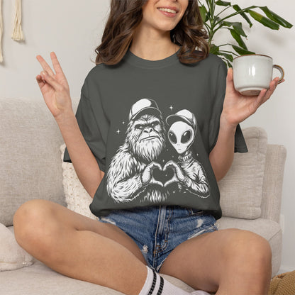 Alien & Sasquatch Heart Tee — Funny UFO Bigfoot Graphic T-Shirt