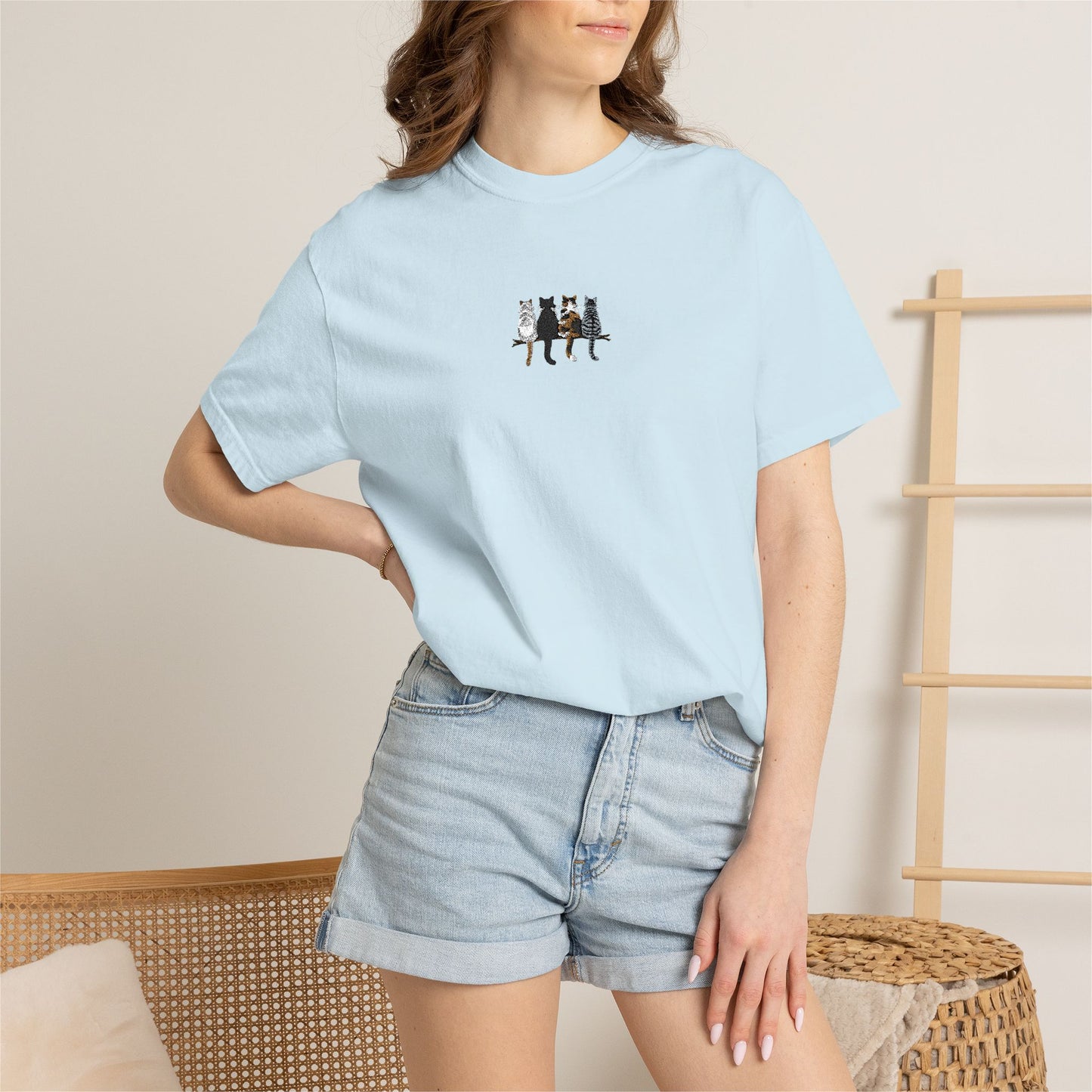 Embroidered Comfort Colors Cat T-Shirt — Cute Cat Patch Tee