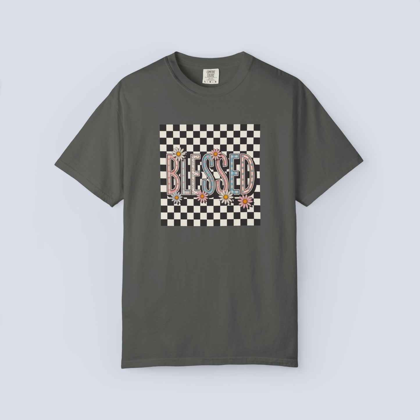 Blessed Checkerboard Floral Shirt | Retro Aesthetic Graphic Tee | Cute Trendy Boutique T-Shirt | Comfort Colors 1717 Unisex Tee