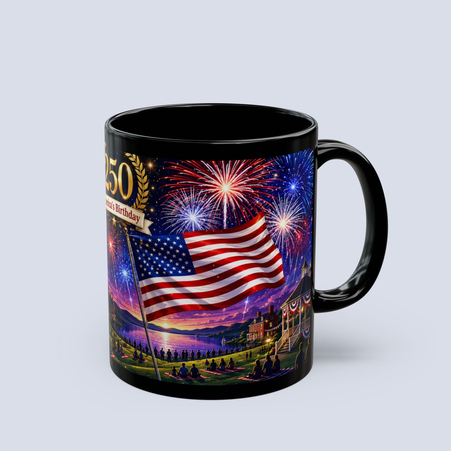 250th America’s Birthday Flag Mug — Patriotic Fireworks Coffee Cup