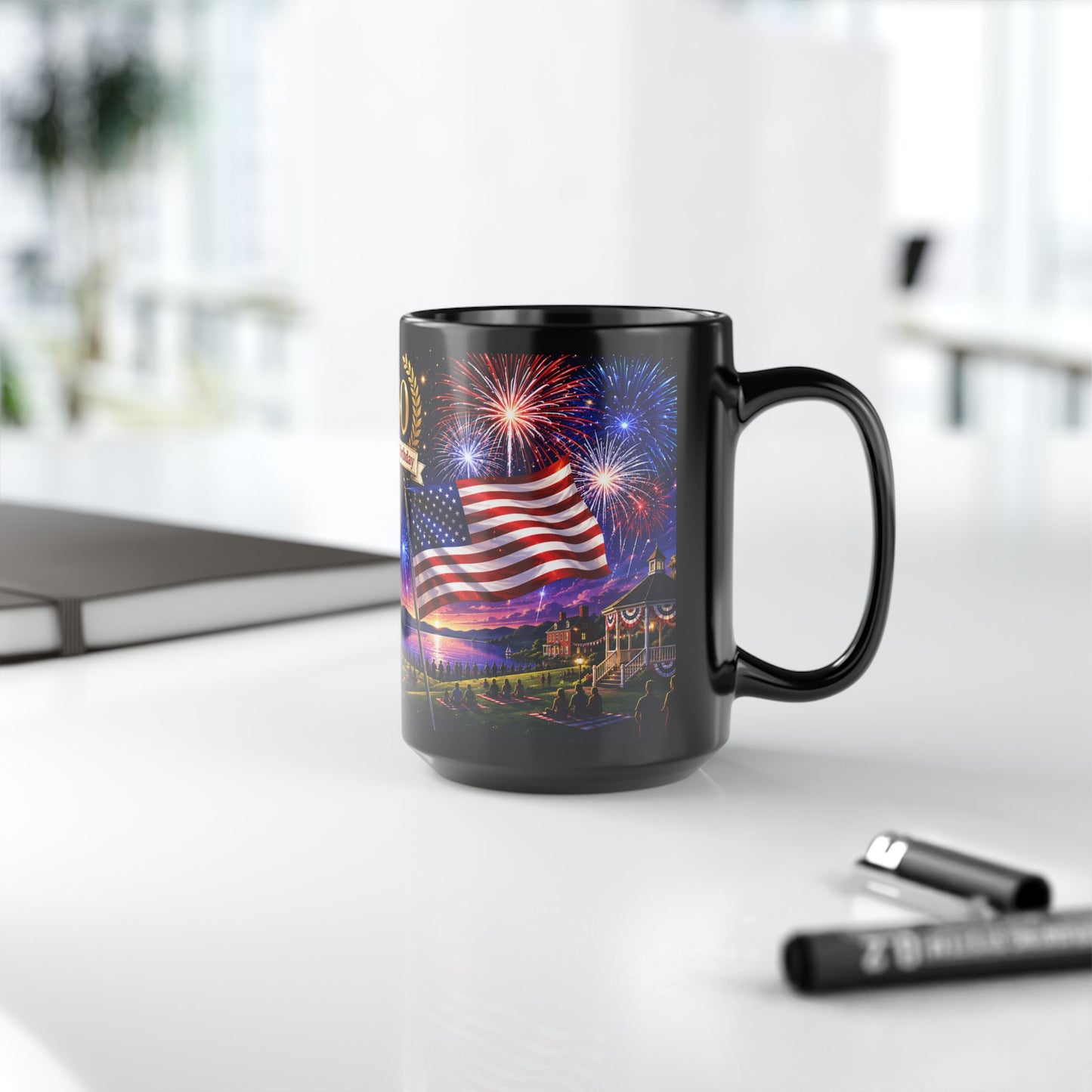 250th America’s Birthday Flag Mug — Patriotic Fireworks Coffee Cup