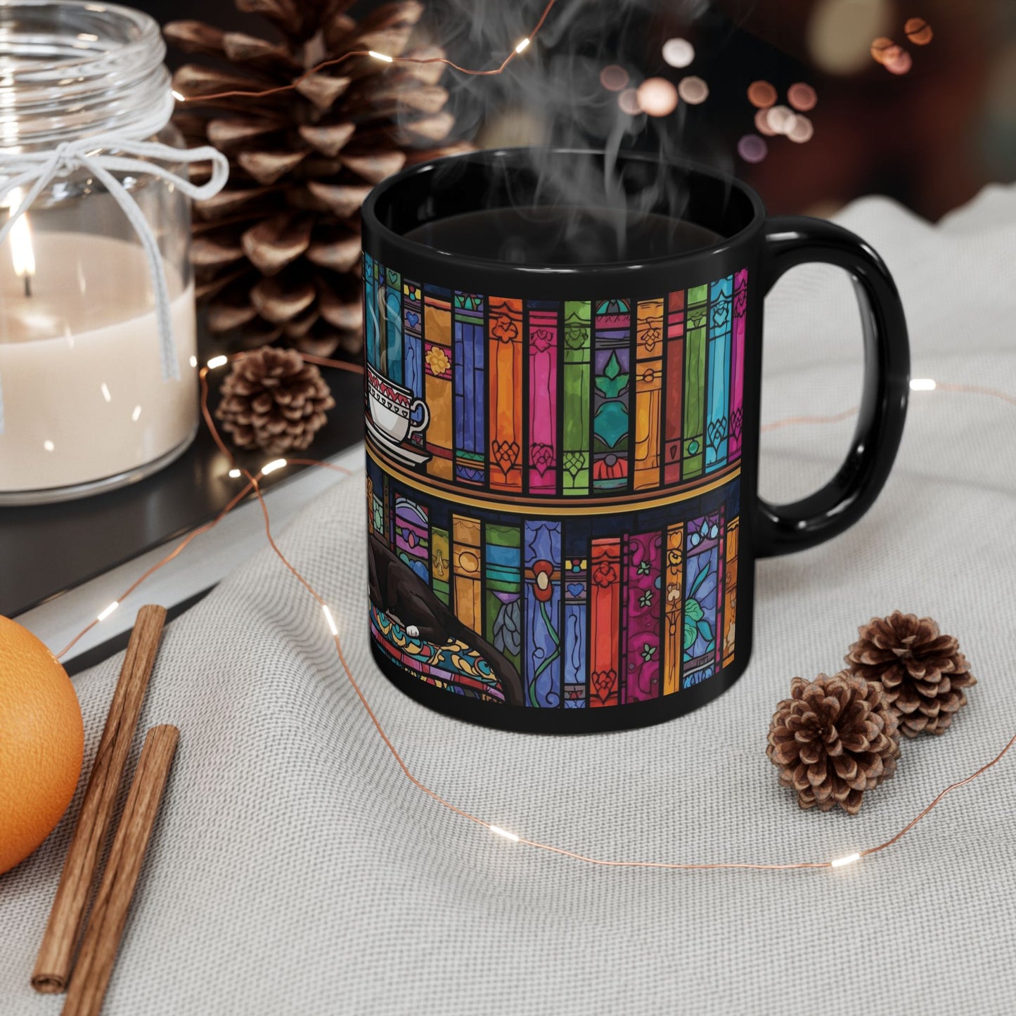 Black Cat Stained Glass Mug – Colorful Gothic Cat Coffee Mug, Artistic Cat Lover Gift, Vibrant Mosaic Cat Cup (11oz & 15oz)