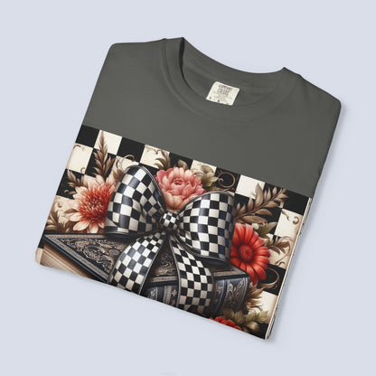 Checkered Bow Books Shirt | Floral Book Lover Tee | Cottagecore Reading Shirt | Gift for Readers | Bookish Graphic Tee | Dark Academia Shirt