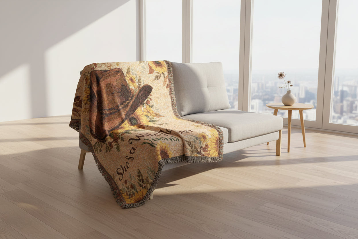 Custom Woven Blanket Cowboy Hat & Sunflowers – Personalized “She’s a Wildflower” Throw, Western Boho Floral Blanket Gift