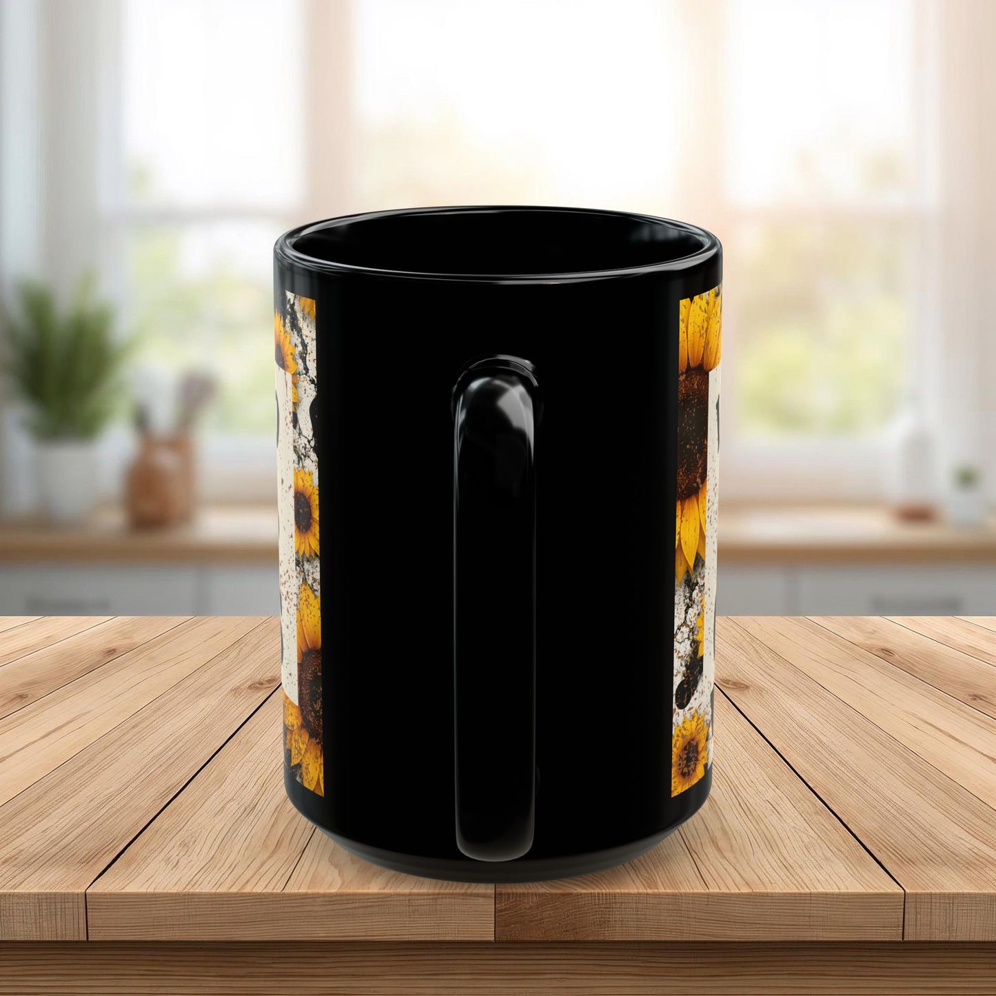 Let’s Go Girls Black Ceramic Mug, Country Sunflower Coffee Cup 11oz & 15oz