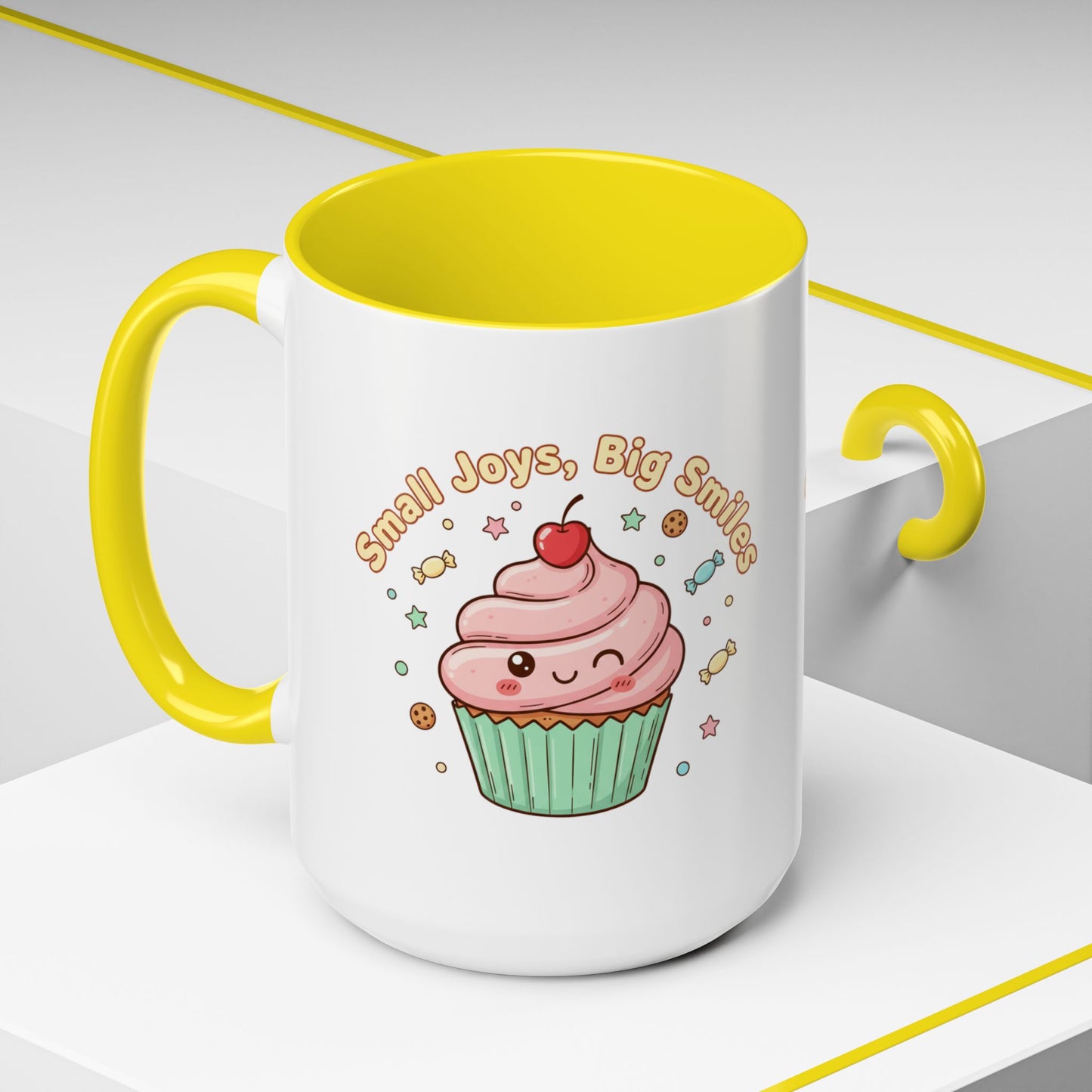 Cupcake Mug - "Small Joys, Big Smiles" Cute Kawaii Accent Coffee Mug/ Gift Mug (11/15oz)