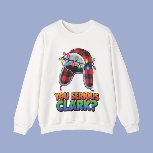 Funny Christmas Buffalo Plaid Hat Sweatshirt – “You Serious Clark?” Holiday Crewneck – Gildan 18000