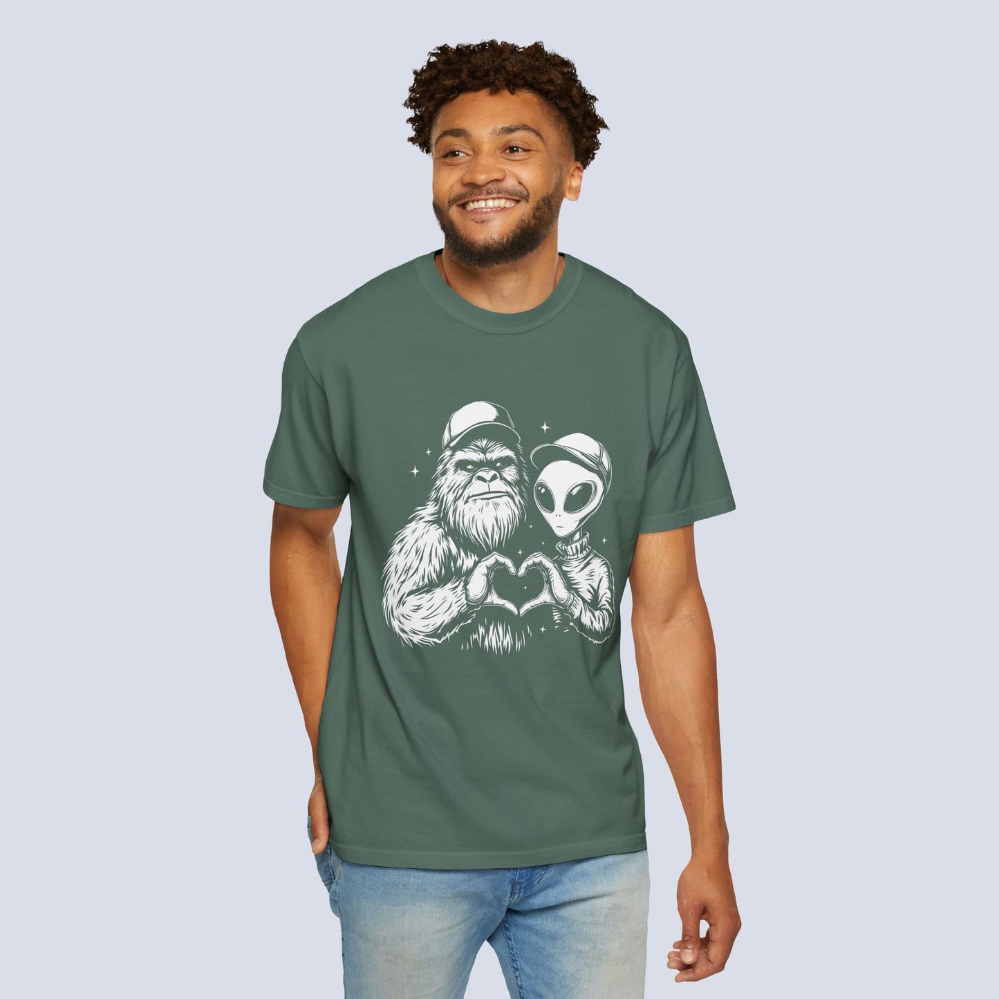 Alien & Sasquatch Heart Tee — Funny UFO Bigfoot Graphic T-Shirt