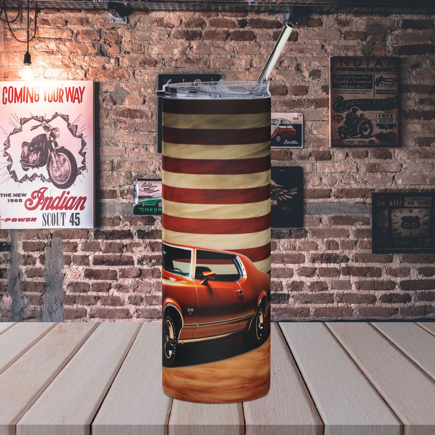 20oz Tumbler , Vintage American Muscle Car with Flag Stainless Steel Travel Cup