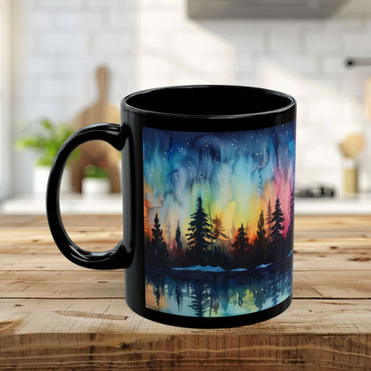 Aurora Forest Black Ceramic Mug | Northern Lights Nightscape Coffee Cup | 11oz & 15oz Mug