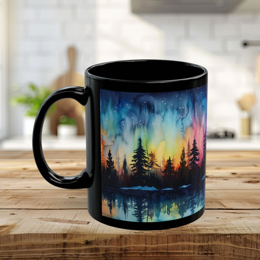 Aurora Forest Black Ceramic Mug | Northern Lights Nightscape Coffee Cup | 11oz & 15oz Mug