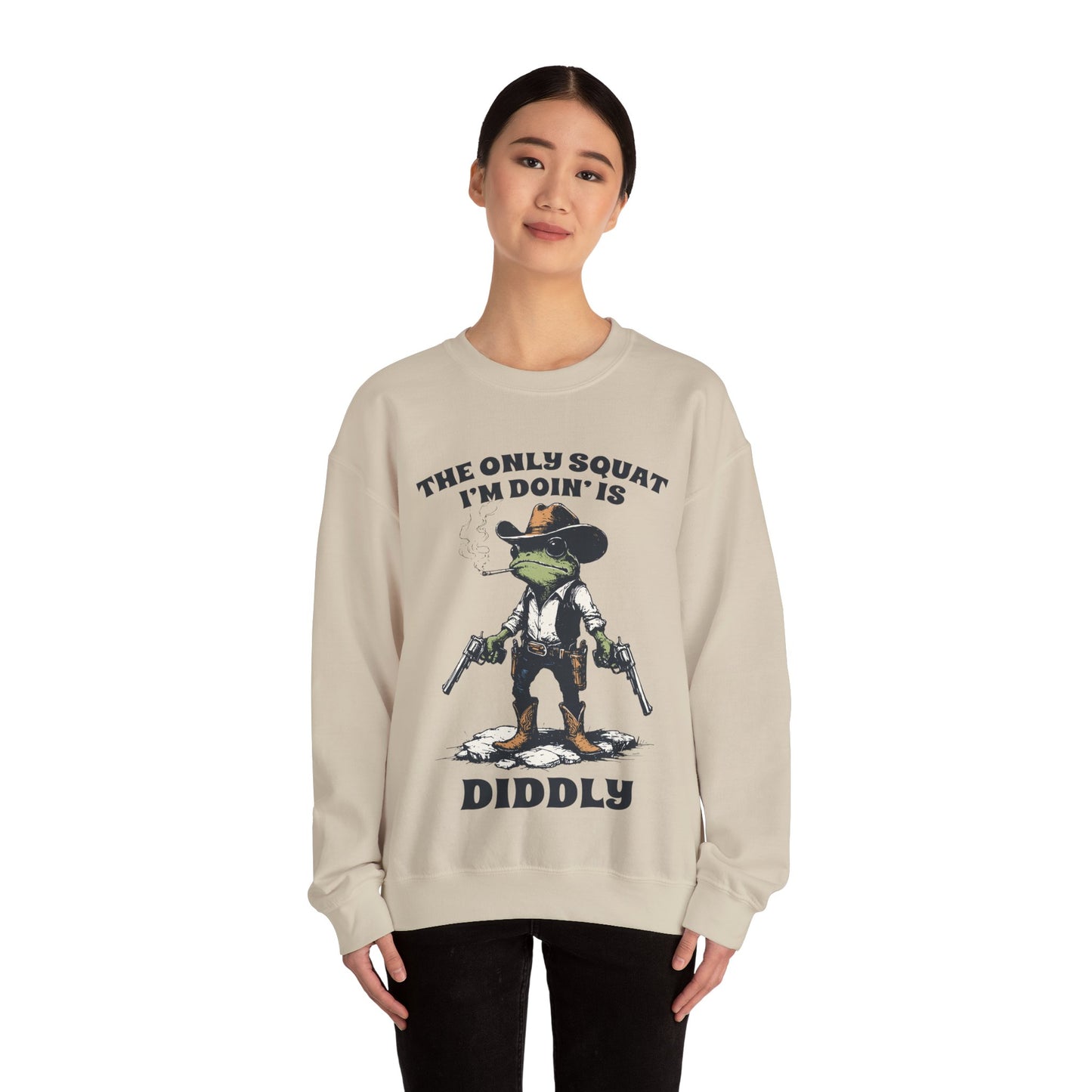 Funny Frog Sweatshirt – Cozy Crewneck with Cowboy Boots & Cheeky Quote “The Only Squat I’m Doin’ is Diddly” – Humorous Casual Fleece Pullover