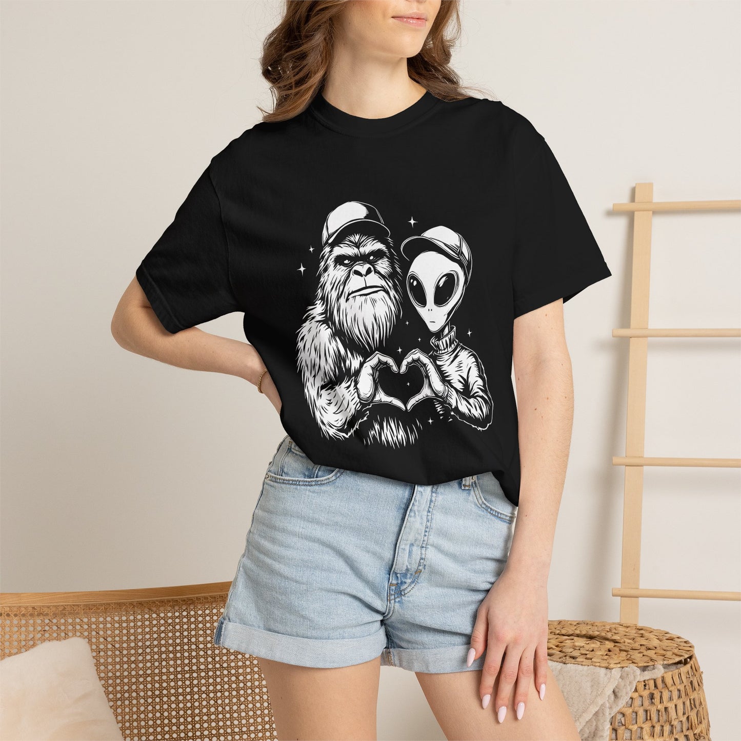 Alien & Sasquatch Heart Tee — Funny UFO Bigfoot Graphic T-Shirt