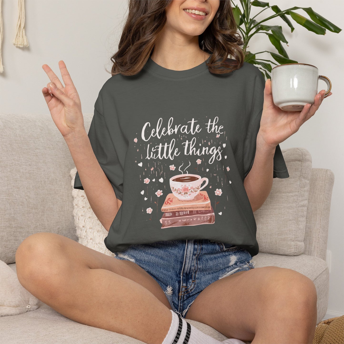 Celebrate the Little Things T-Shirt | Cozy Coffee & Books Graphic Tee | Inspirational Quote Shirt | Gildan 5000