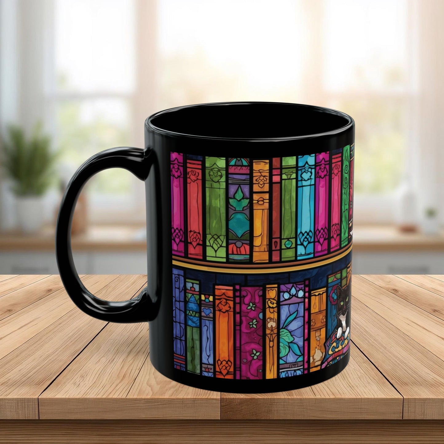 Black Cat Stained Glass Mug – Colorful Gothic Cat Coffee Mug, Artistic Cat Lover Gift, Vibrant Mosaic Cat Cup (11oz & 15oz)