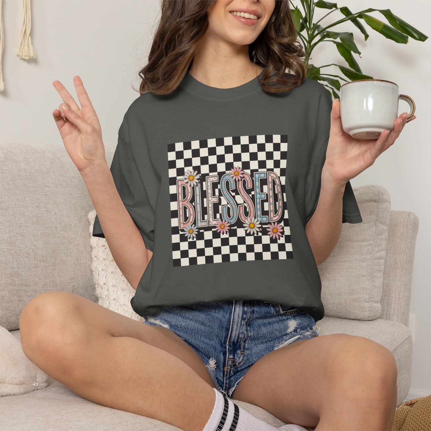 Blessed Checkerboard Floral Shirt | Retro Aesthetic Graphic Tee | Cute Trendy Boutique T-Shirt | Comfort Colors 1717 Unisex Tee