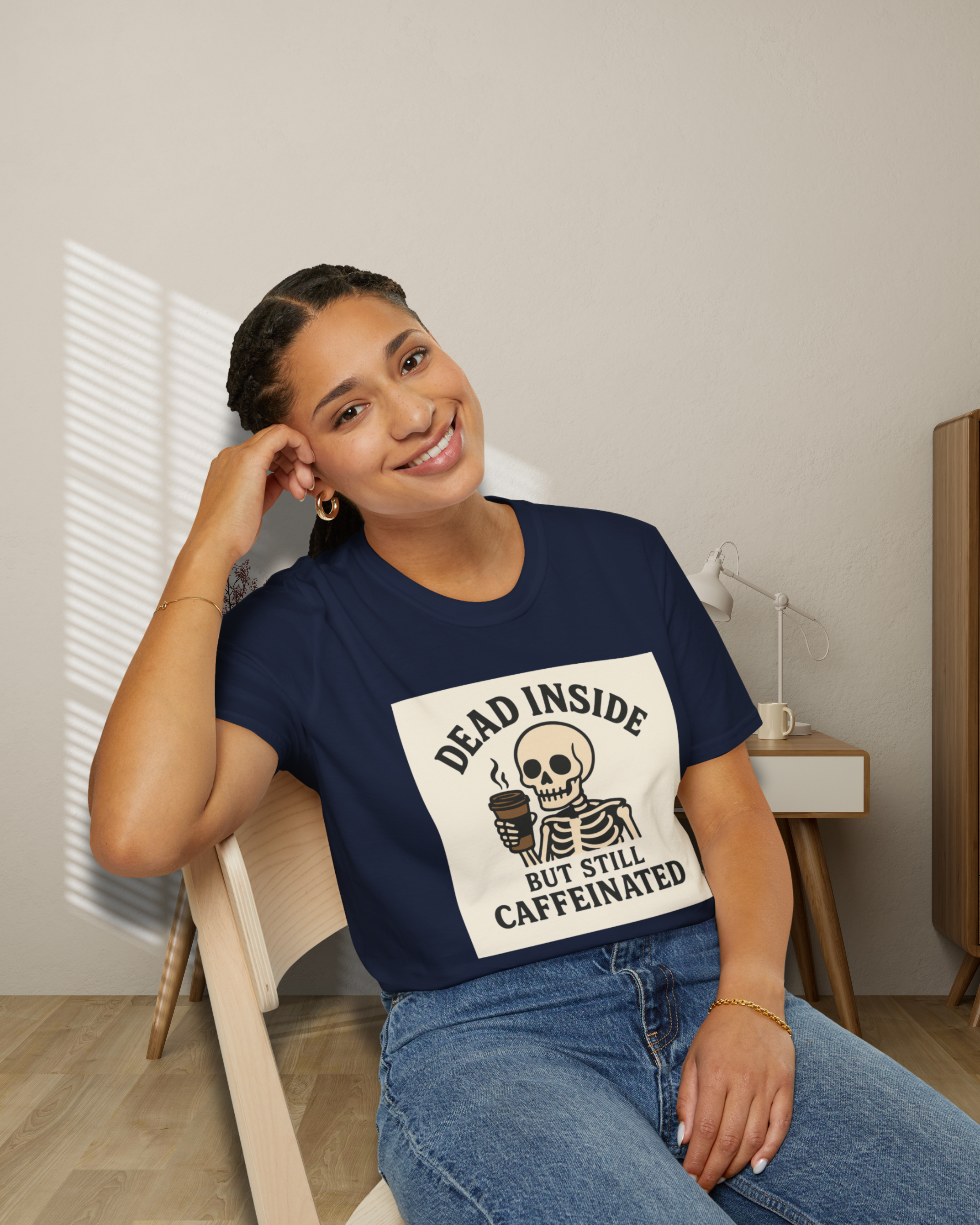 Caffeinated Skeleton Unisex Softstyle T-Shirt - Perfect for Coffee Lovers