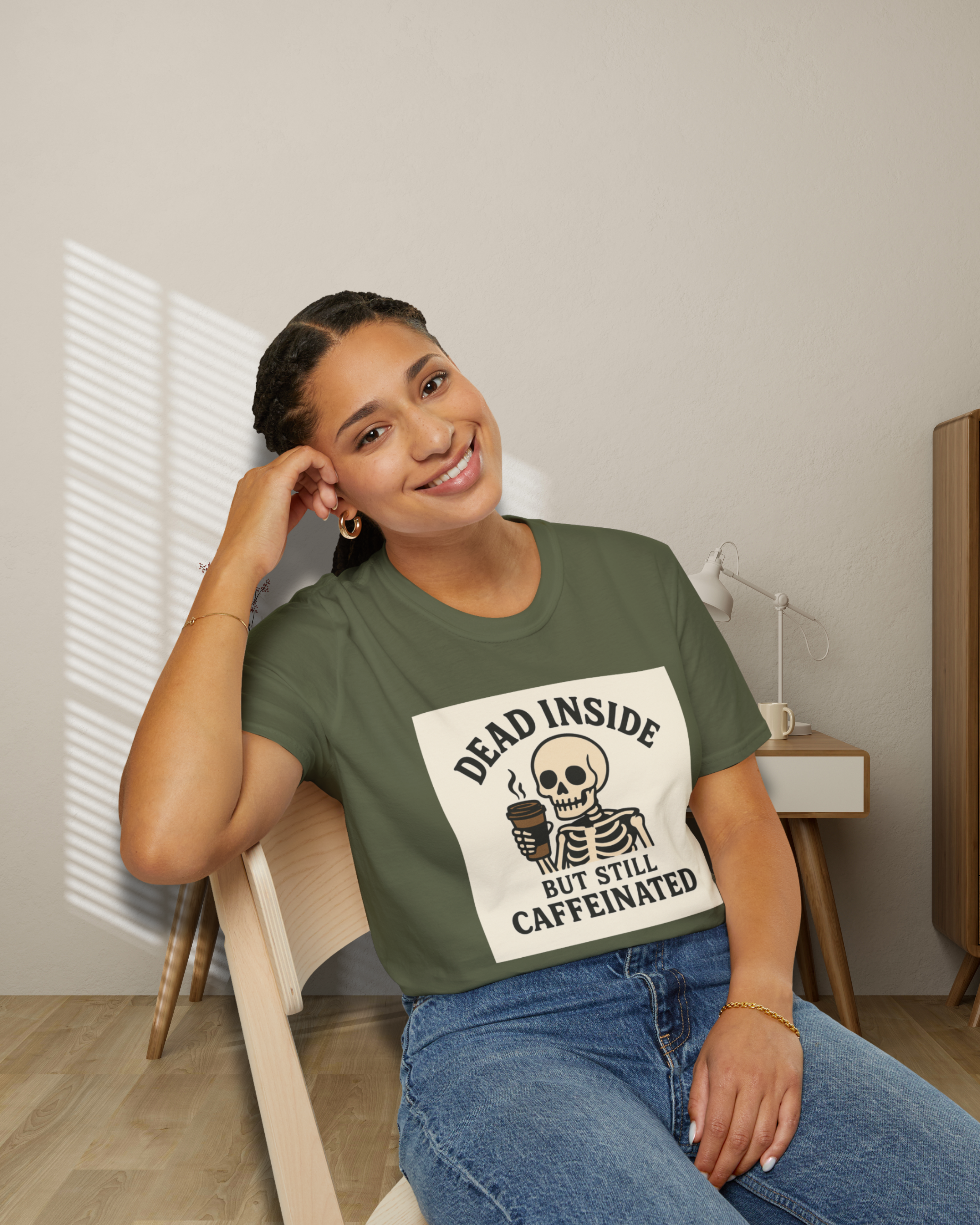 Caffeinated Skeleton Unisex Softstyle T-Shirt - Perfect for Coffee Lovers