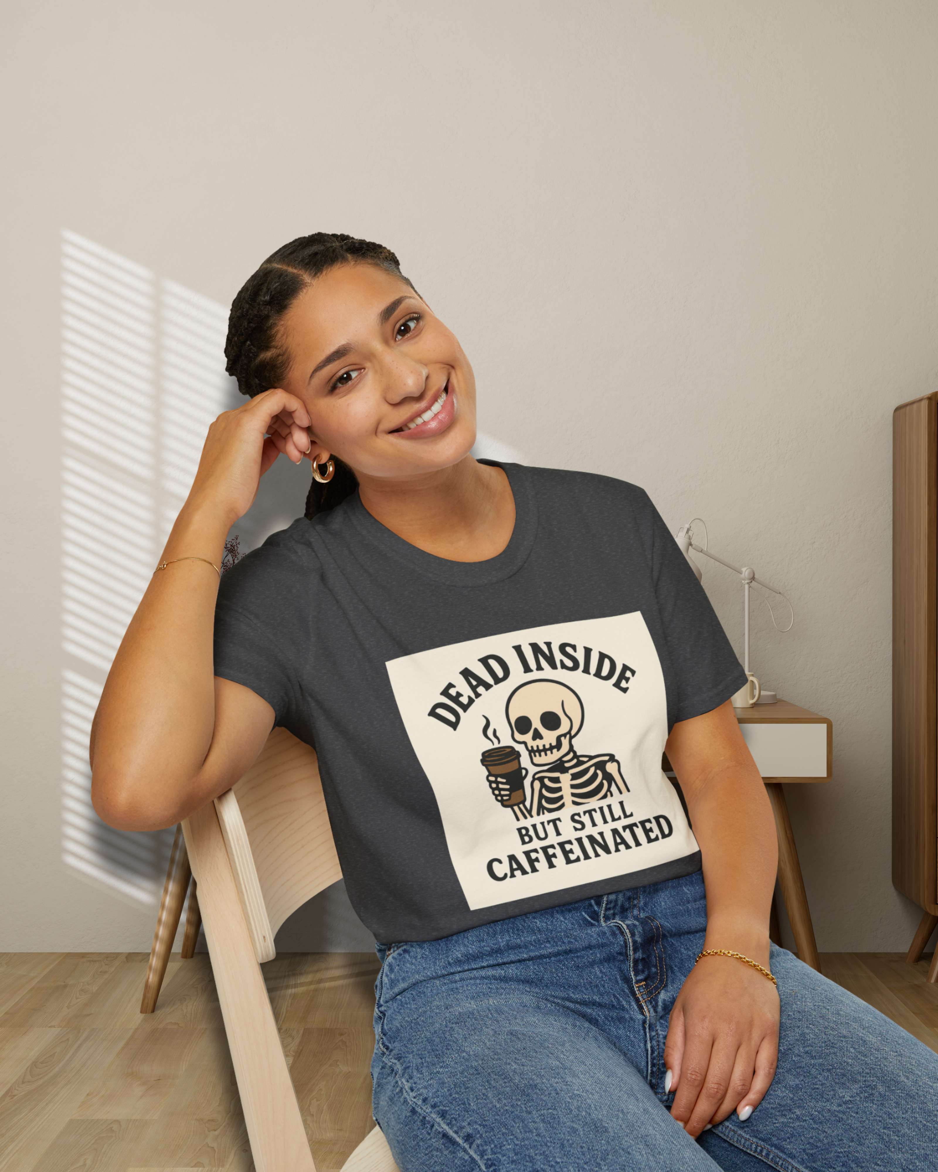 Caffeinated Skeleton Unisex Softstyle T-Shirt - Perfect for Coffee Lovers