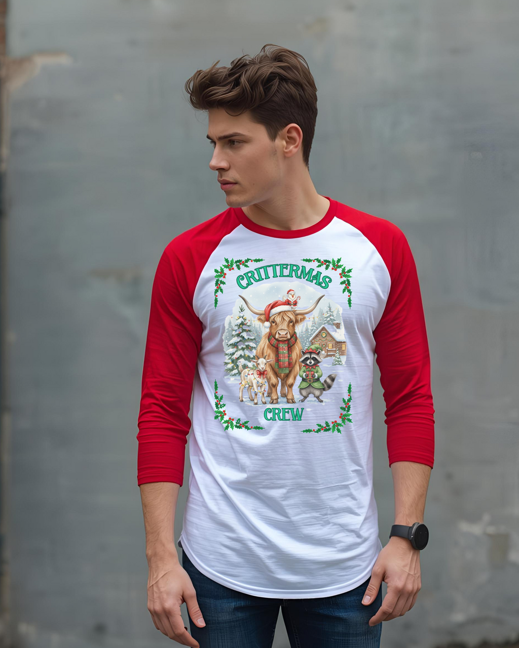 Unisex Three-Quarter Sleeve Raglan Shirt - Crittermas Crew Holiday Tee, Fun Family Gatherings, Christmas Parties, Animal Lovers Gift