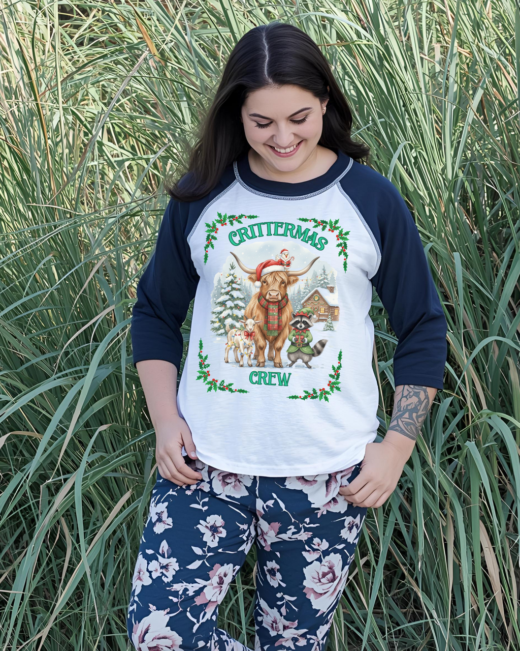 Unisex Three-Quarter Sleeve Raglan Shirt - Crittermas Crew Holiday Tee, Fun Family Gatherings, Christmas Parties, Animal Lovers Gift
