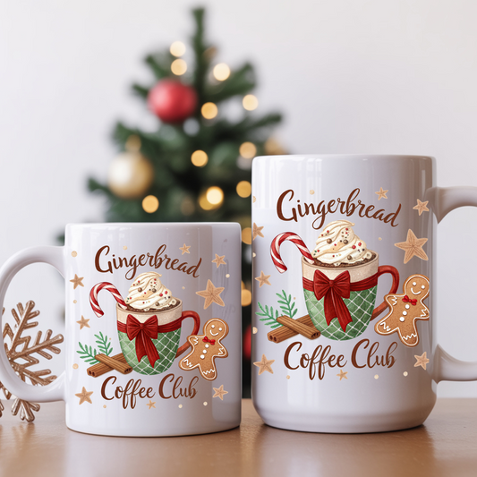 Gingerbread Coffee Club Mug – Holiday Hot Cocoa Cup, Christmas Gingerbread Latte Cup, Cute Cozy Winter Coffee Mug Gift 11/15 oz