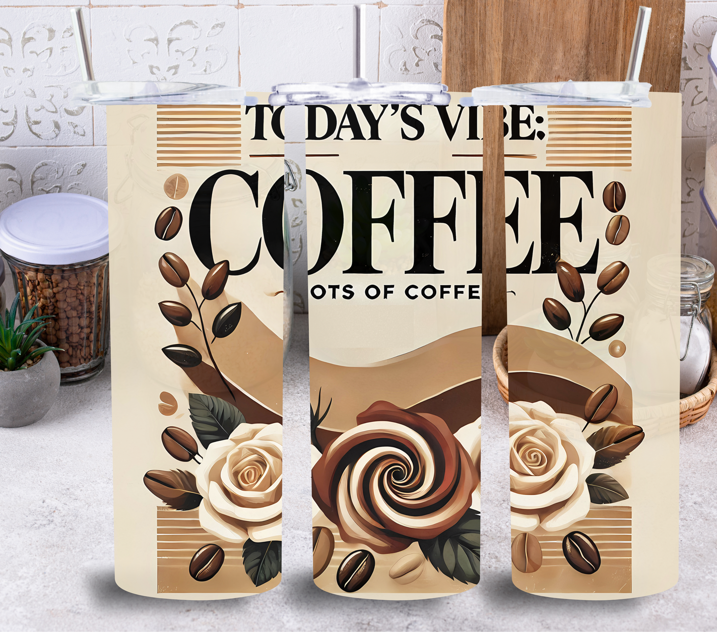 Today’s Vibe: Coffee – Lots of Coffee Tumbler | Neutral Floral Coffee Lover 20oz Stainless Steel Tumbler