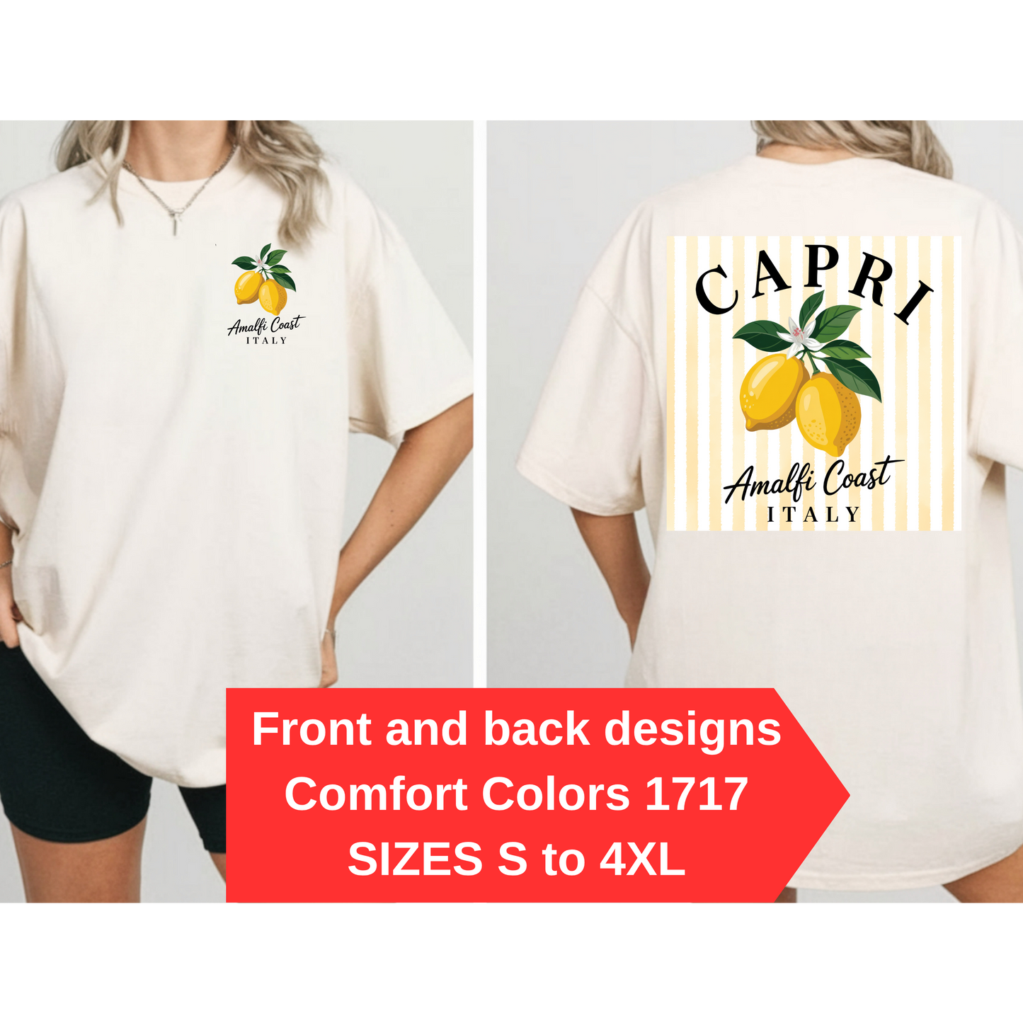 Amalfi Coast Lemon Capri Postcard T-Shirt, Front and Back Design, Comfort Colors 1717, sizes S-4X
