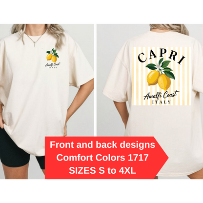 Amalfi Coast Lemon Capri Postcard T-Shirt, Front and Back Design, Comfort Colors 1717, sizes S-4X