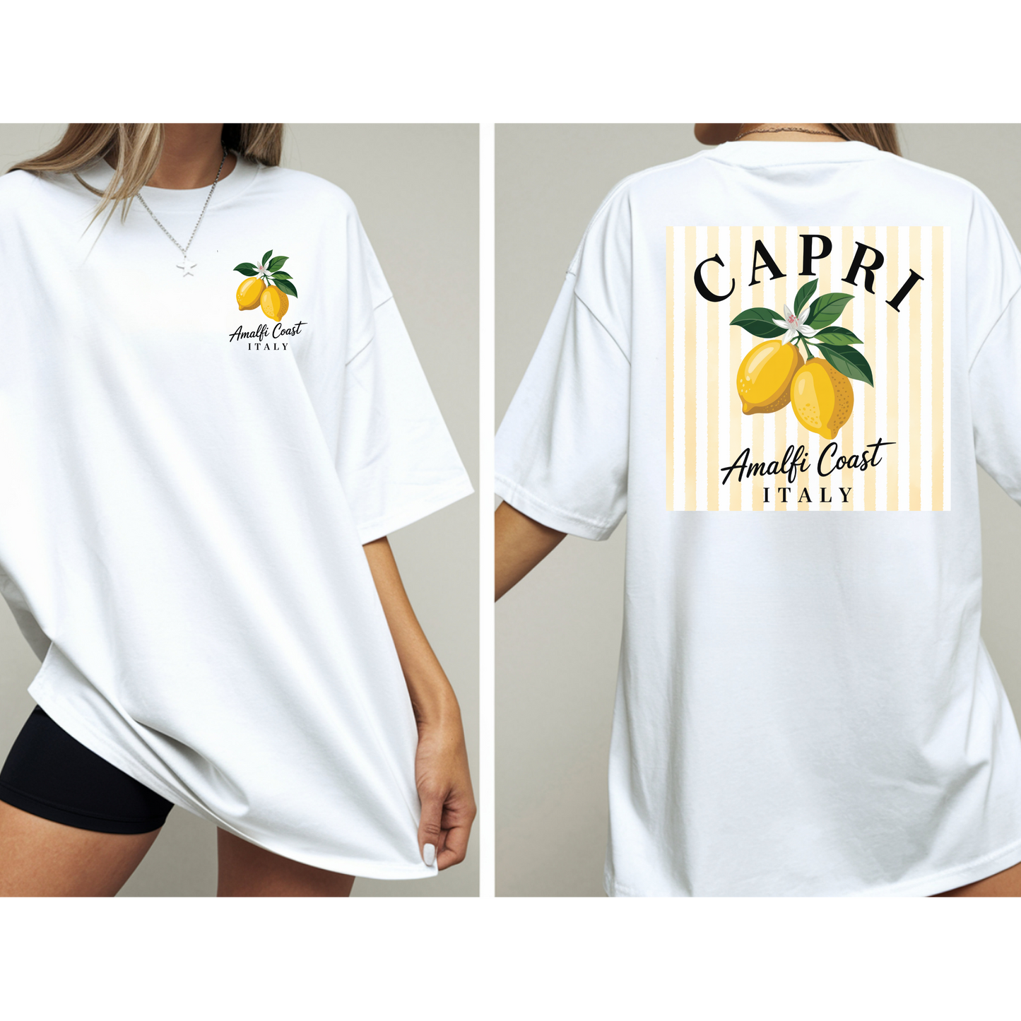 Amalfi Coast Lemon Capri Postcard T-Shirt, Front and Back Design, Comfort Colors 1717, sizes S-4X