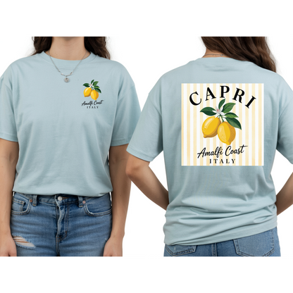 Amalfi Coast Lemon Capri Postcard T-Shirt, Front and Back Design, Comfort Colors 1717, sizes S-4X