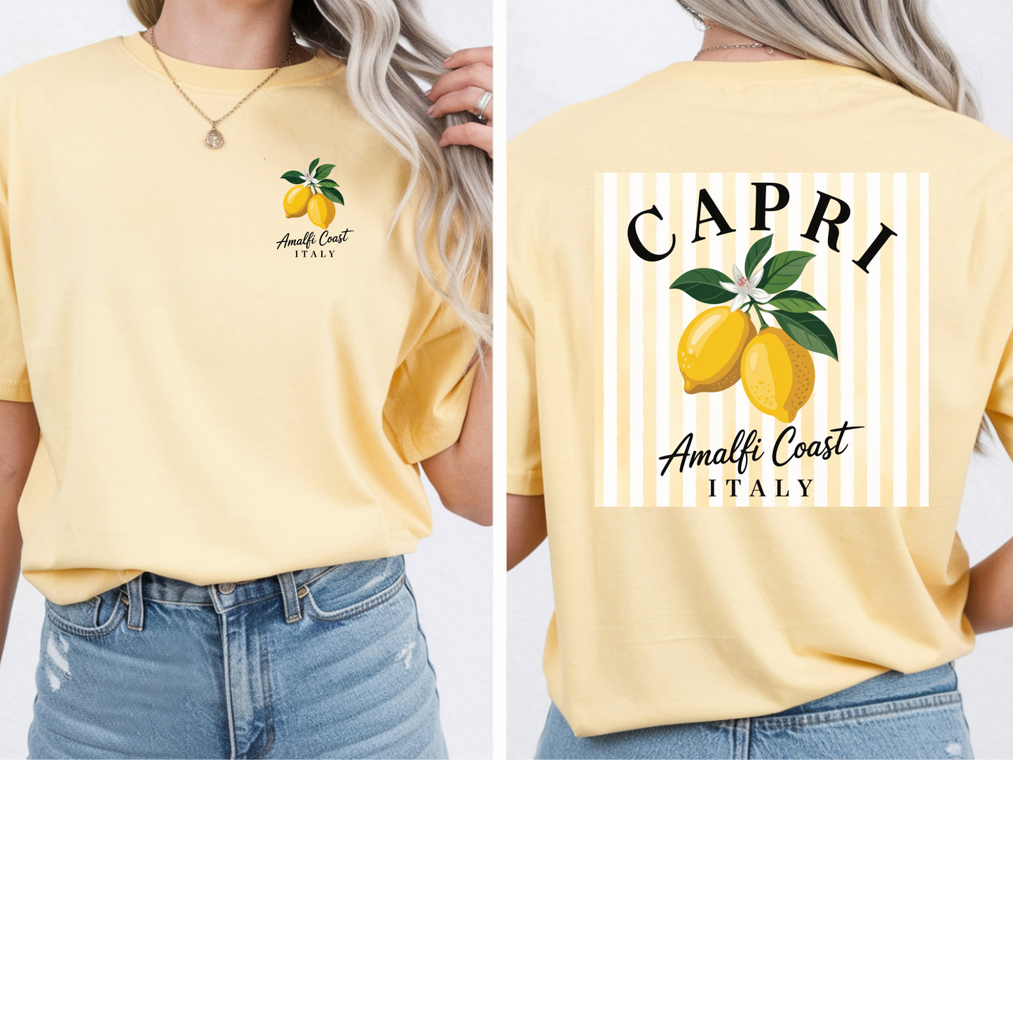 Amalfi Coast Lemon Capri Postcard T-Shirt, Front and Back Design, Comfort Colors 1717, sizes S-4X
