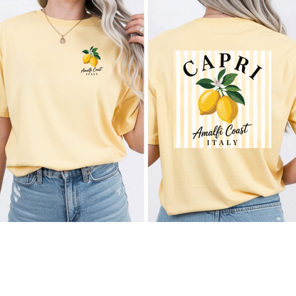 Amalfi Coast Lemon Capri Postcard T-Shirt, Front and Back Design, Comfort Colors 1717, sizes S-4X