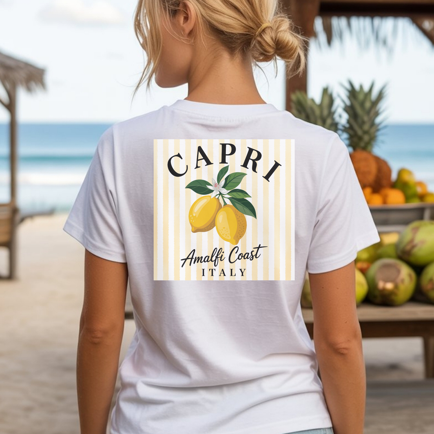 Amalfi Coast Lemon Capri Postcard T-Shirt, Front and Back Design, Comfort Colors 1717, sizes S-4X