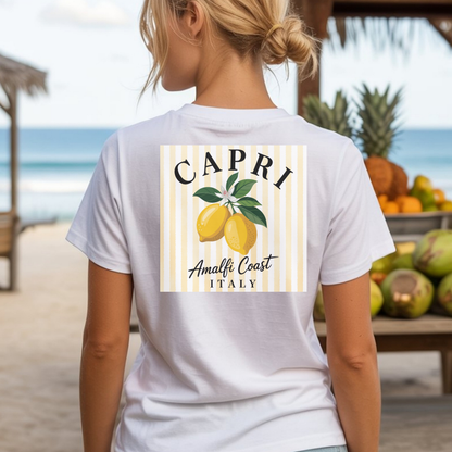 Amalfi Coast Lemon Capri Postcard T-Shirt, Front and Back Design, Comfort Colors 1717, sizes S-4X