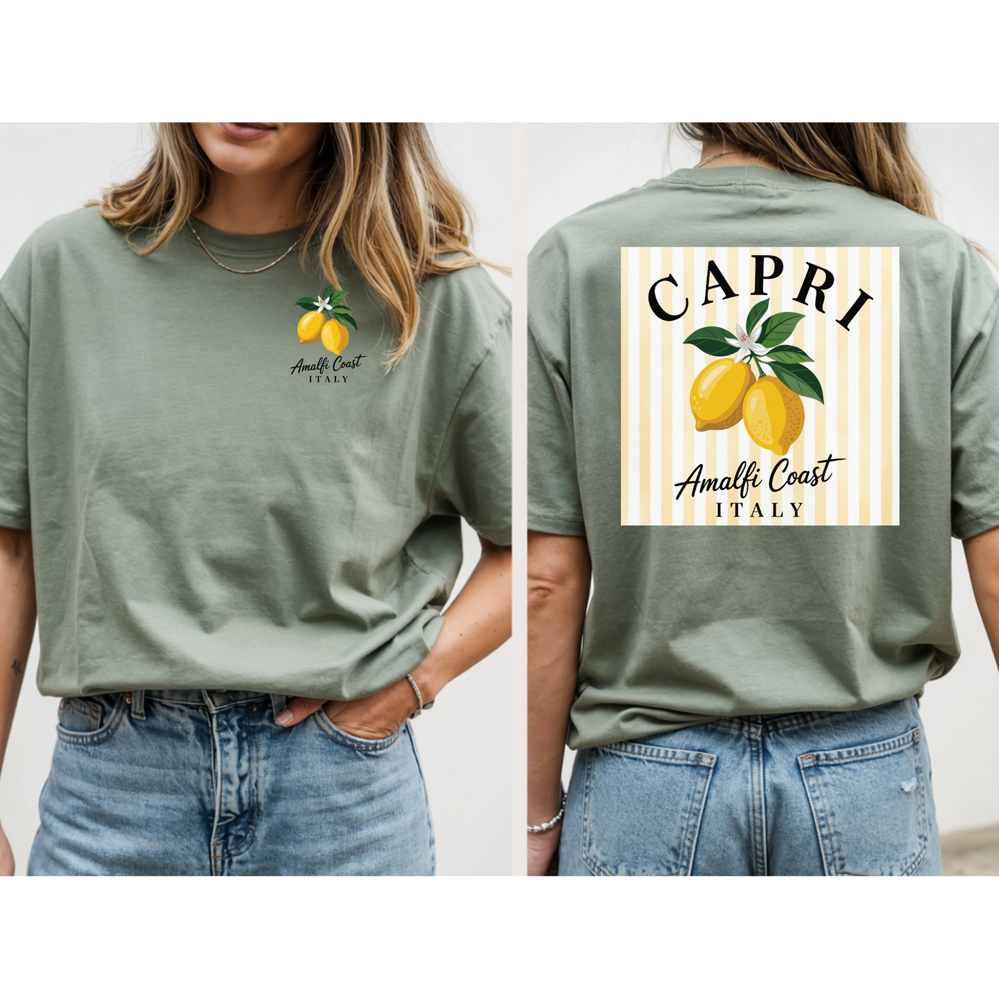 Amalfi Coast Lemon Capri Postcard T-Shirt, Front and Back Design, Comfort Colors 1717, sizes S-4X