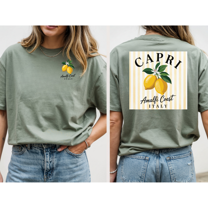Amalfi Coast Lemon Capri Postcard T-Shirt, Front and Back Design, Comfort Colors 1717, sizes S-4X