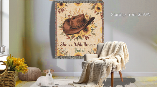 Custom Woven Blanket Cowboy Hat & Sunflowers – Personalized “She’s a Wildflower” Throw, Western Boho Floral Blanket Gift