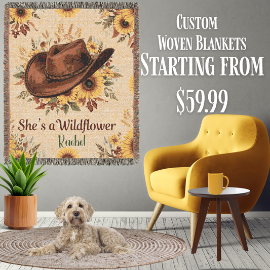 Custom Woven Blanket Cowboy Hat & Sunflowers – Personalized “She’s a Wildflower” Throw, Western Boho Floral Blanket Gift