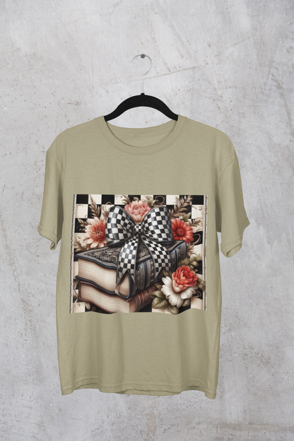 Checkered Bow Books Shirt | Floral Book Lover Tee | Cottagecore Reading Shirt | Gift for Readers | Bookish Graphic Tee | Dark Academia Shirt