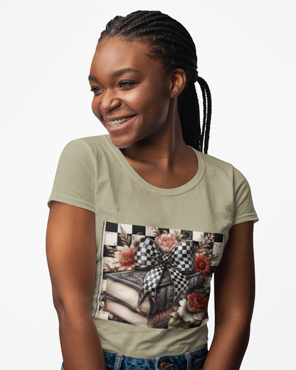 Checkered Bow Books Shirt | Floral Book Lover Tee | Cottagecore Reading Shirt | Gift for Readers | Bookish Graphic Tee | Dark Academia Shirt