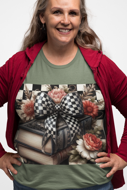 Checkered Bow Books Shirt | Floral Book Lover Tee | Cottagecore Reading Shirt | Gift for Readers | Bookish Graphic Tee | Dark Academia Shirt