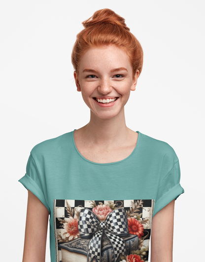 Checkered Bow Books Shirt | Floral Book Lover Tee | Cottagecore Reading Shirt | Gift for Readers | Bookish Graphic Tee | Dark Academia Shirt