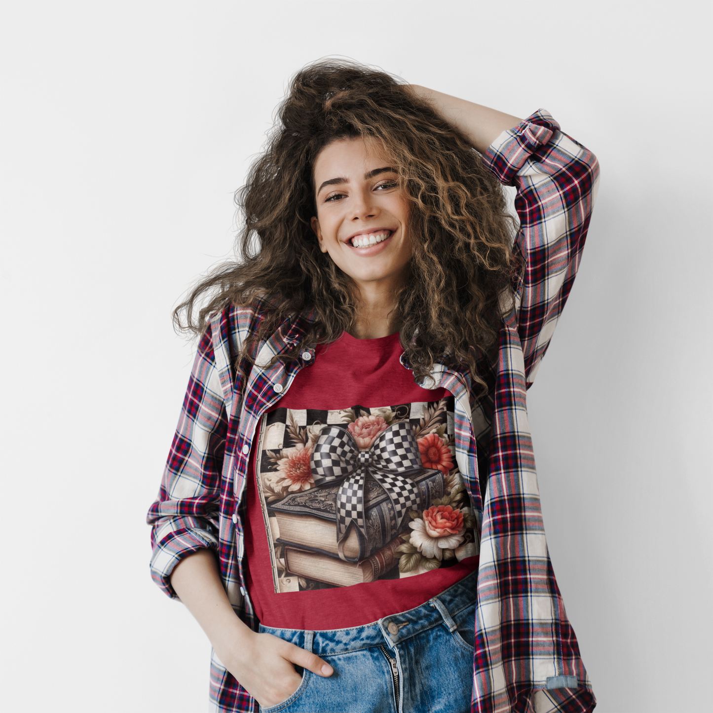 Checkered Bow Books Shirt | Floral Book Lover Tee | Cottagecore Reading Shirt | Gift for Readers | Bookish Graphic Tee | Dark Academia Shirt