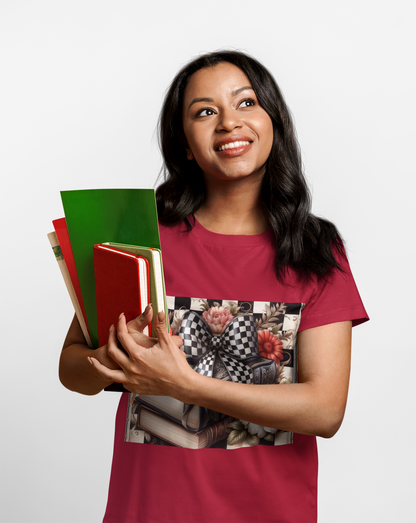 Checkered Bow Books Shirt | Floral Book Lover Tee | Cottagecore Reading Shirt | Gift for Readers | Bookish Graphic Tee | Dark Academia Shirt