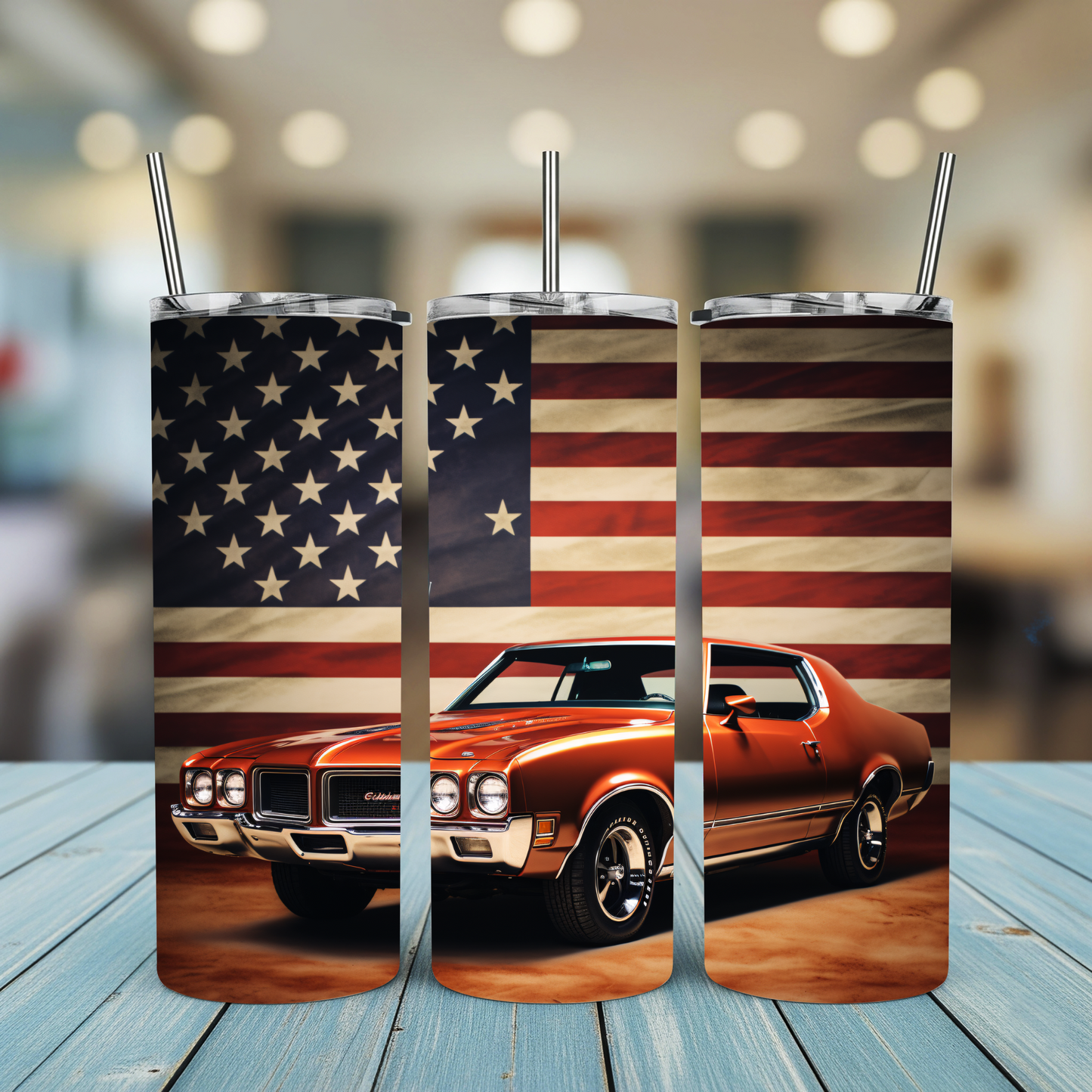 20oz Tumbler , Vintage American Muscle Car with Flag Stainless Steel Travel Cup