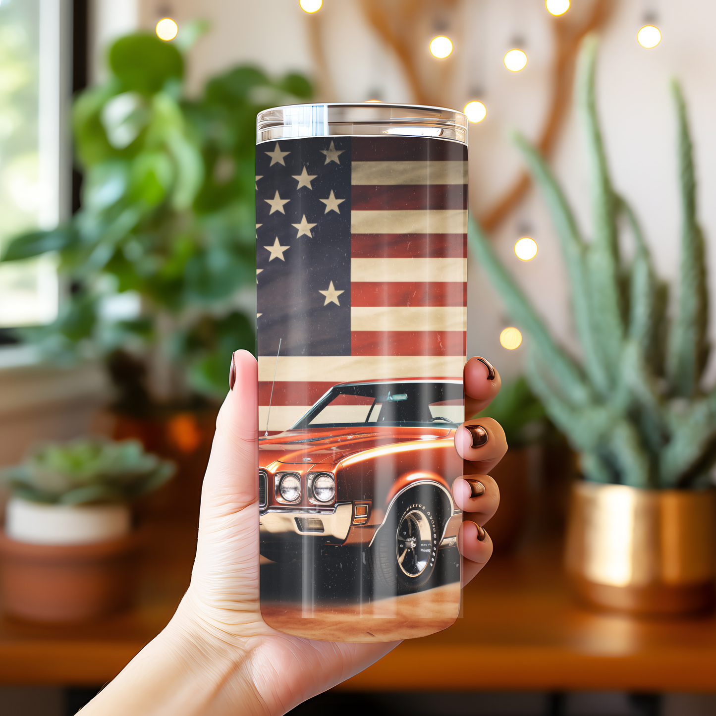 20oz Tumbler , Vintage American Muscle Car with Flag Stainless Steel Travel Cup