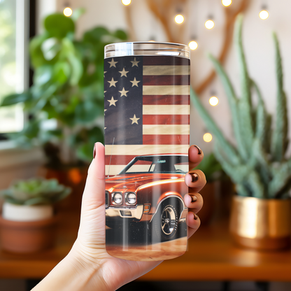 20oz Tumbler , Vintage American Muscle Car with Flag Stainless Steel Travel Cup