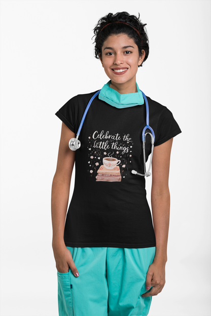 Celebrate the Little Things T-Shirt | Cozy Coffee & Books Graphic Tee | Inspirational Quote Shirt | Gildan 5000